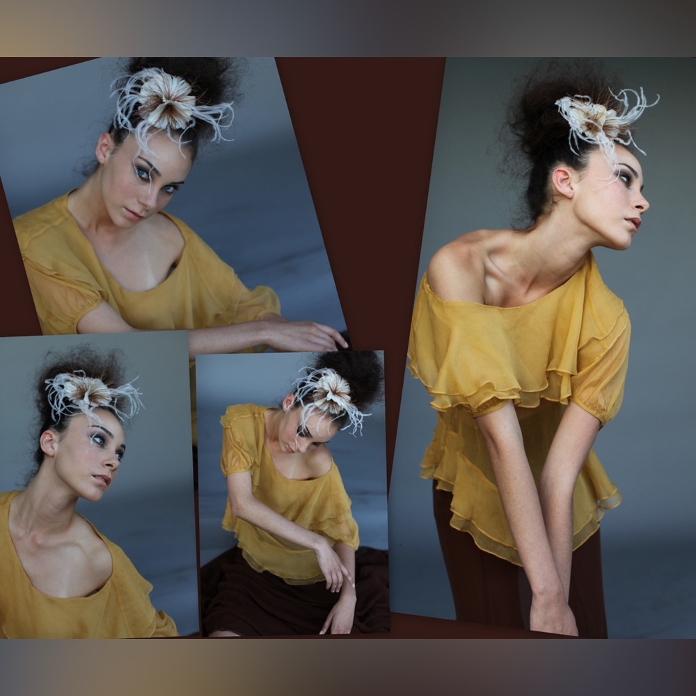 Silk 100% Chiffon  Designer Blouse Top Muted Yellow Upscale Europe